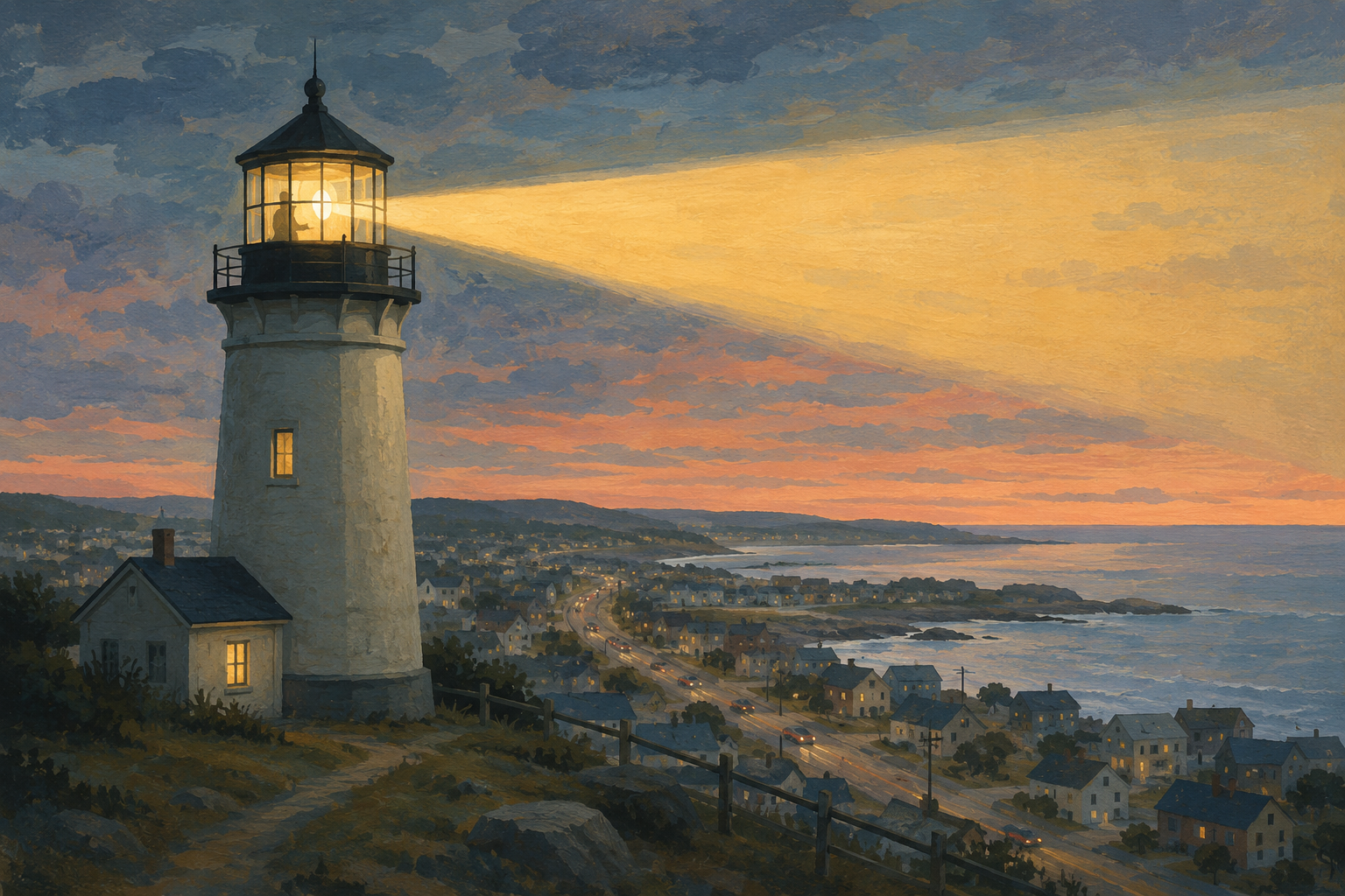 Soft gouache-style illustration of a lighthouse shining a warm beam over a coastal town at dusk, with an anonymous keeper silhouetted inside the lantern room.