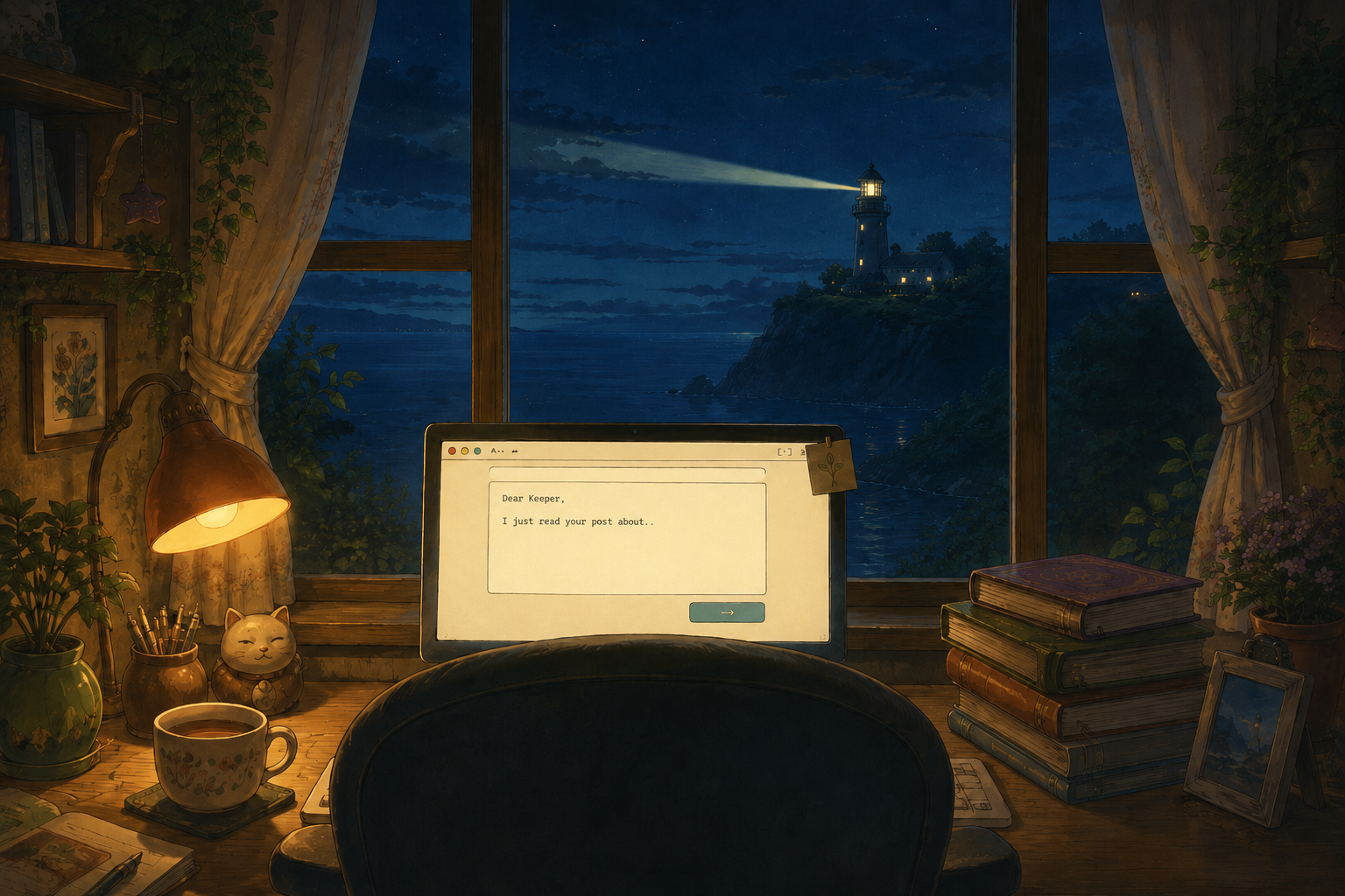 Studio Ghibli-style illustration of a cozy bedroom desk at night with a glowing computer screen showing a letter beginning “Dear Keeper,” and a lighthouse visible through the window.