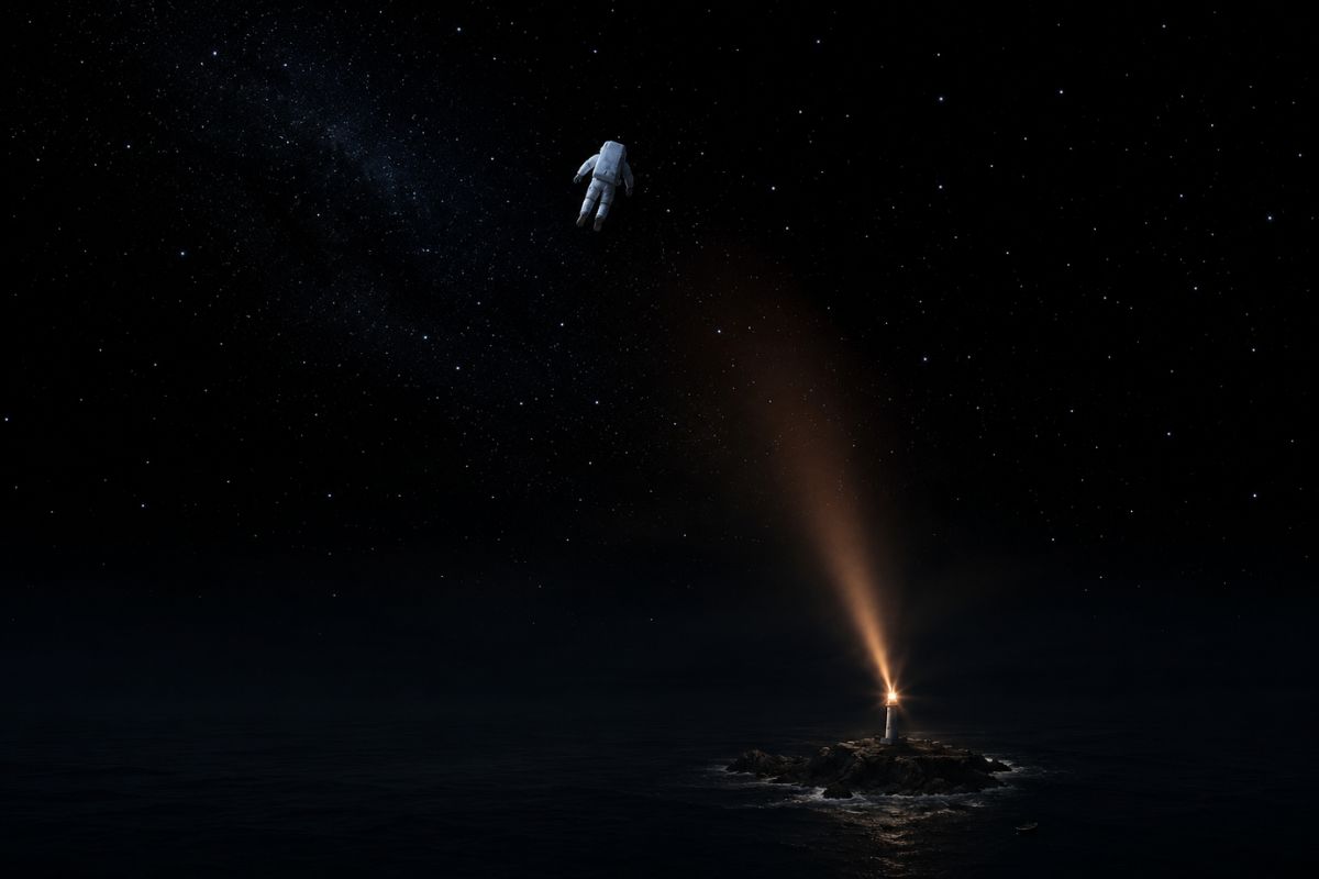 A lone astronaut in a white spacesuit drifts through dark space above a tiny lighthouse on a rocky island, whose warm beam shines upward toward the astronaut across the black sea.