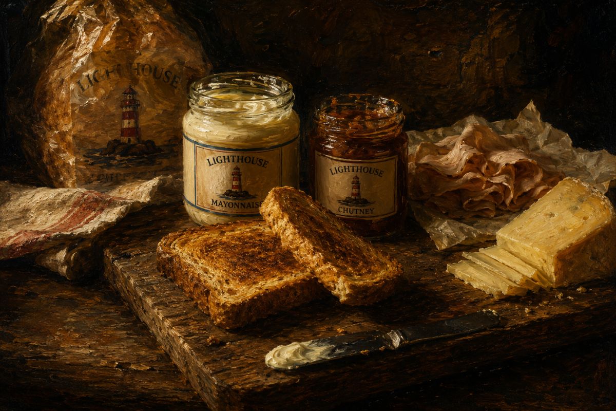 Oil painting still life of toast, mayonnaise, chutney, deli turkey, cheese, and a butter knife on a wooden cutting board, with small lighthouse logos on the jars and bread bag.