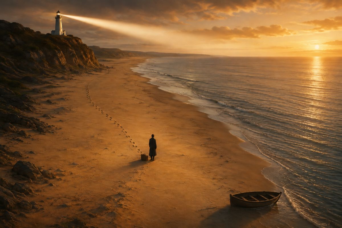A lone man with a suitcase stands on a golden beach between a distant lighthouse and a small rowing boat at sunset.