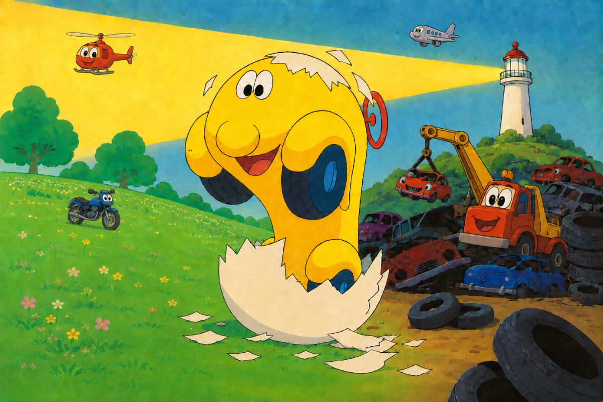 Vintage-style children’s illustration of a smiling yellow car hatching from a giant egg, with a blue motorcycle on the grass, a red helicopter, a grey aeroplane, a friendly tow truck, a scrapyard and a shining lighthouse.