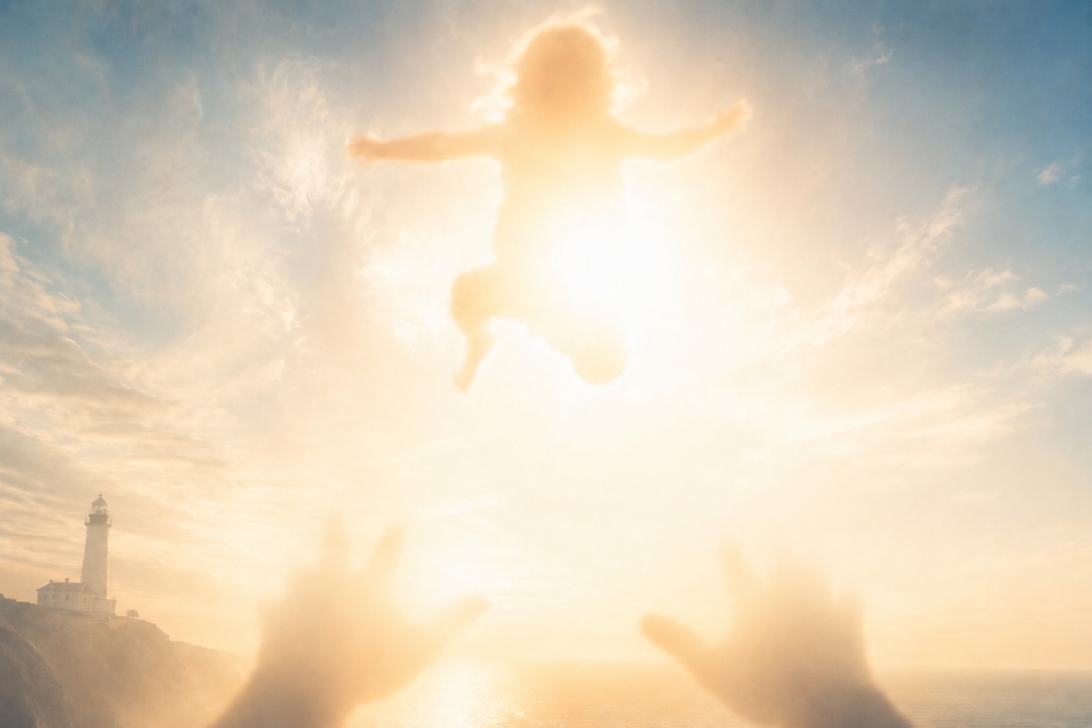 A child glowing in bright sunrise light above two blurred outstretched hands, with a distant lighthouse on a coastal cliff.
