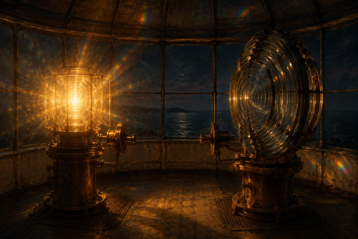 A glowing amber lighthouse lamp and a dark Fresnel lens stand on separate brass pedestals inside a circular lamp room, with a visible gap between them.