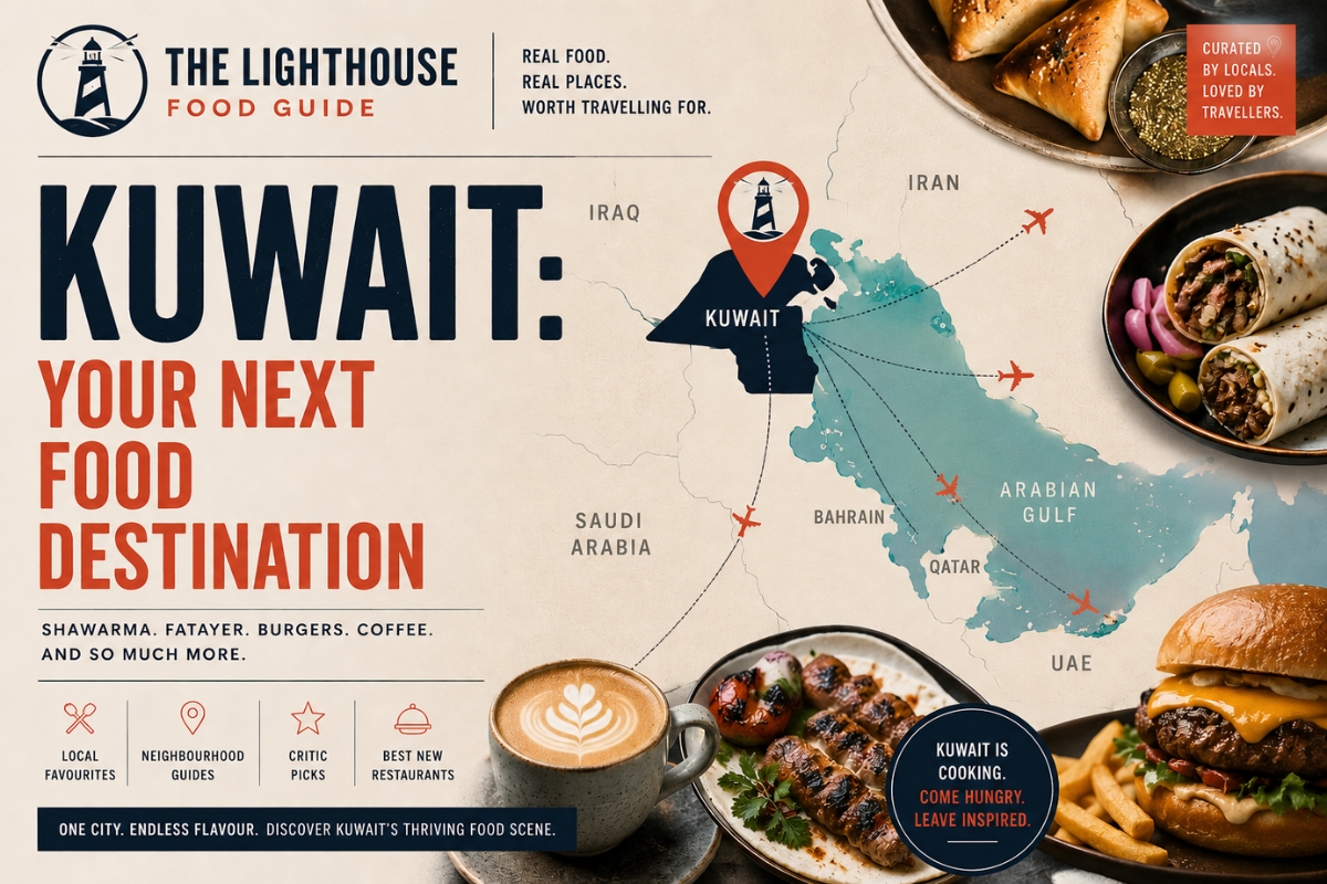 Editorial food guide illustration showing Kuwait highlighted on a regional map, with flight paths converging on the country, a lighthouse marker, and dishes including shawarma, fatayer, coffee, rice, and burgers.